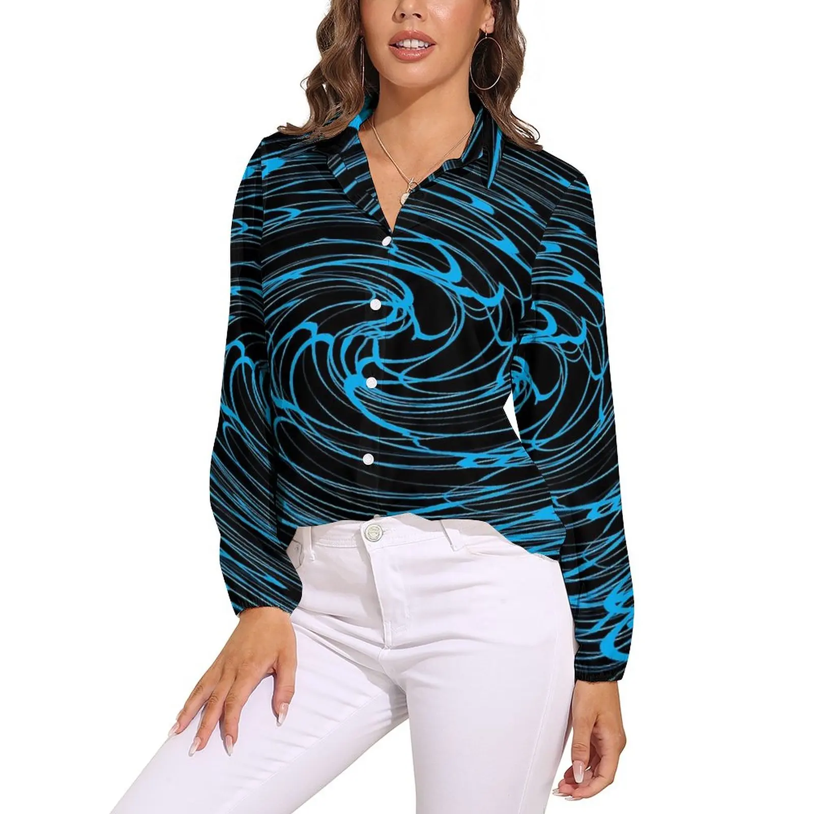 

Shallow Water Print Blouse Long-Sleeve Blue Spiral Funny Blouses Womens Street Style Oversize Shirt Pattern Clothing Birthday Pr