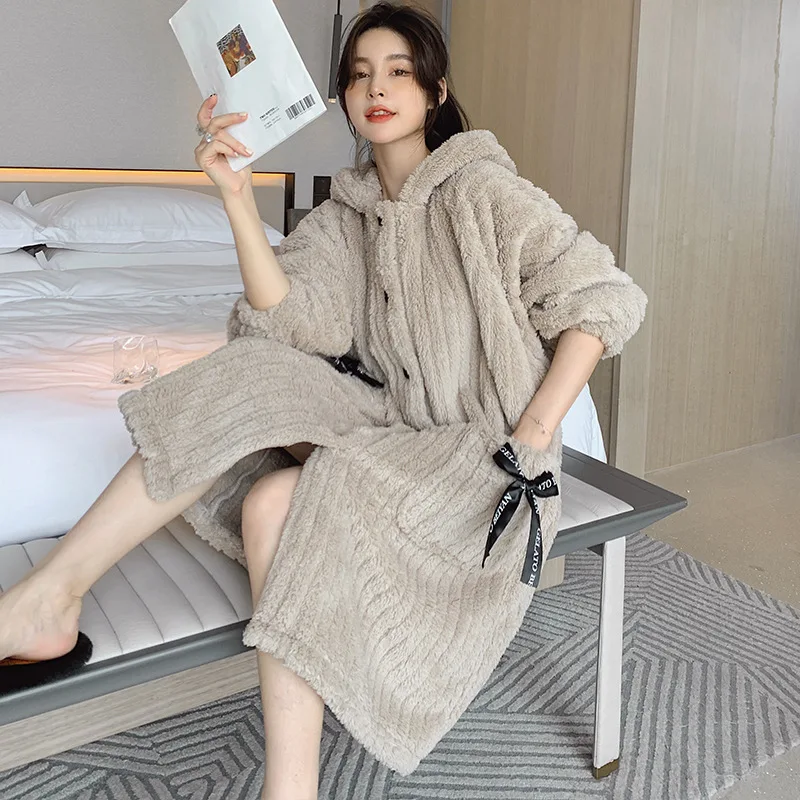 Flannel Winter Robe Sleepwear Hooded Long Sleeves Night Shirt Home Clothes Casual Cardigan Coral Velvet Home Dress Sleep Dress