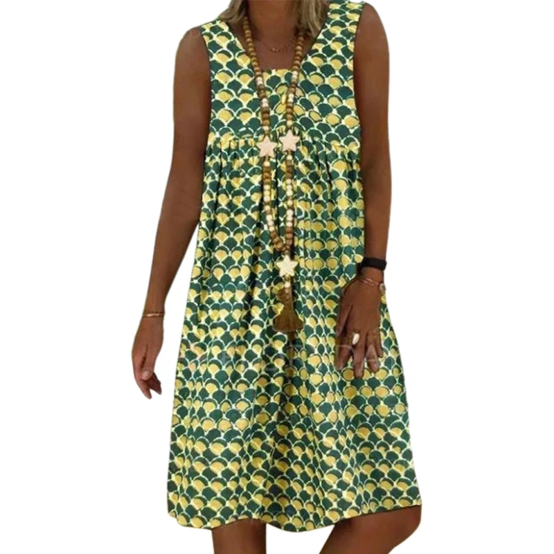 

Женское летнее платье-чехол без рукавов, длинное плиссированное платье средней длины с глубоким вырезом и принтом рыбьей чешуи в стиле бохо...