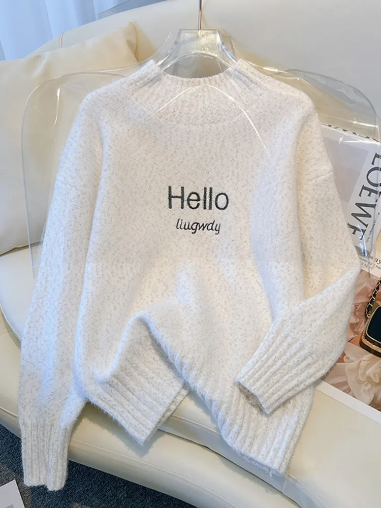 

Женский утепленный свитер с Вышивкой Букв, повседневный свободный трикотажный джемпер с длинным рукавом и круглым вырезом, Осень-зима