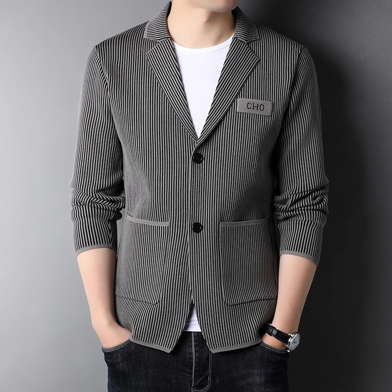 

Мужской классический свитер в полоску, трикотажный кардиган с длинными рукавами, облегающие вязаные куртки, деловые Повседневные свитера, ...