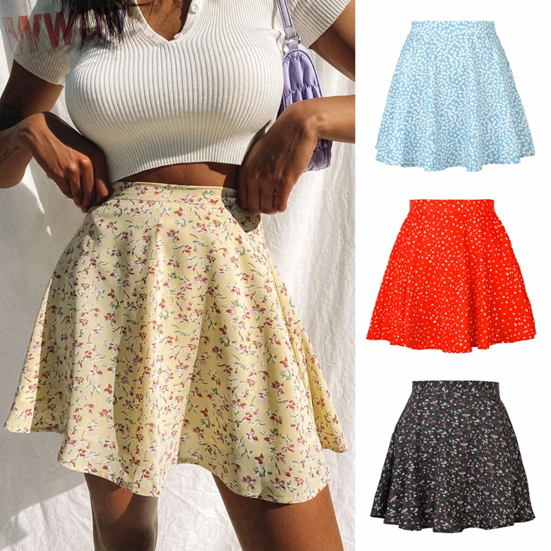 

Boho Floral Print Party Skirt Summer Fashion High Waist Pleated Skirt Short Beach Sexy Frills Mini Skirts For Women Clothes New