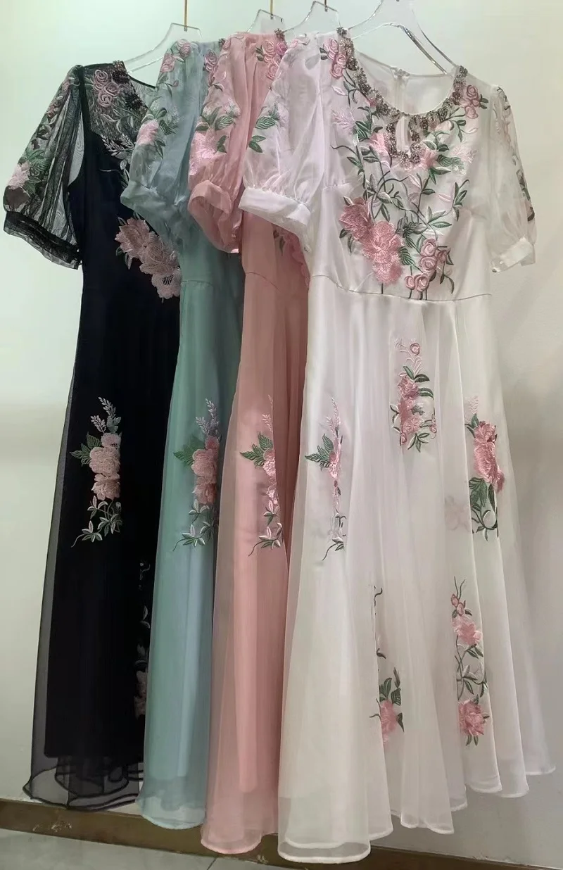 Luxury Dress 2023 Summer Wedding Party Women Exquisite Floral Embroidery Short Sleeve White Black Pink Green Dress Gorgeous 4XL