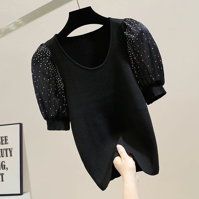 

Women Fashionable Thin Knitted Top Mesh Short Sleeve O-neck Hot Drilling T Shirt Girls Lady Summer T-shirts Slim Elestic Tshirts