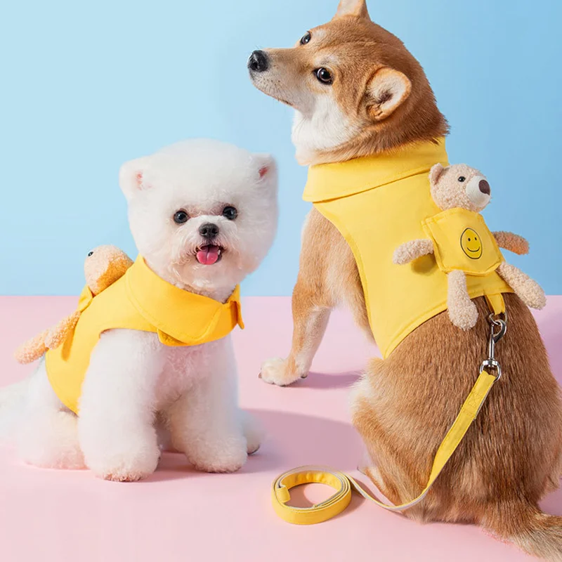 Puppy Cute Pet Vest Solid Dog Harness and Leash Set Pocket Bear Pet Clothes for Chihuahua Yorkie Walking Training Cat Dog Chain