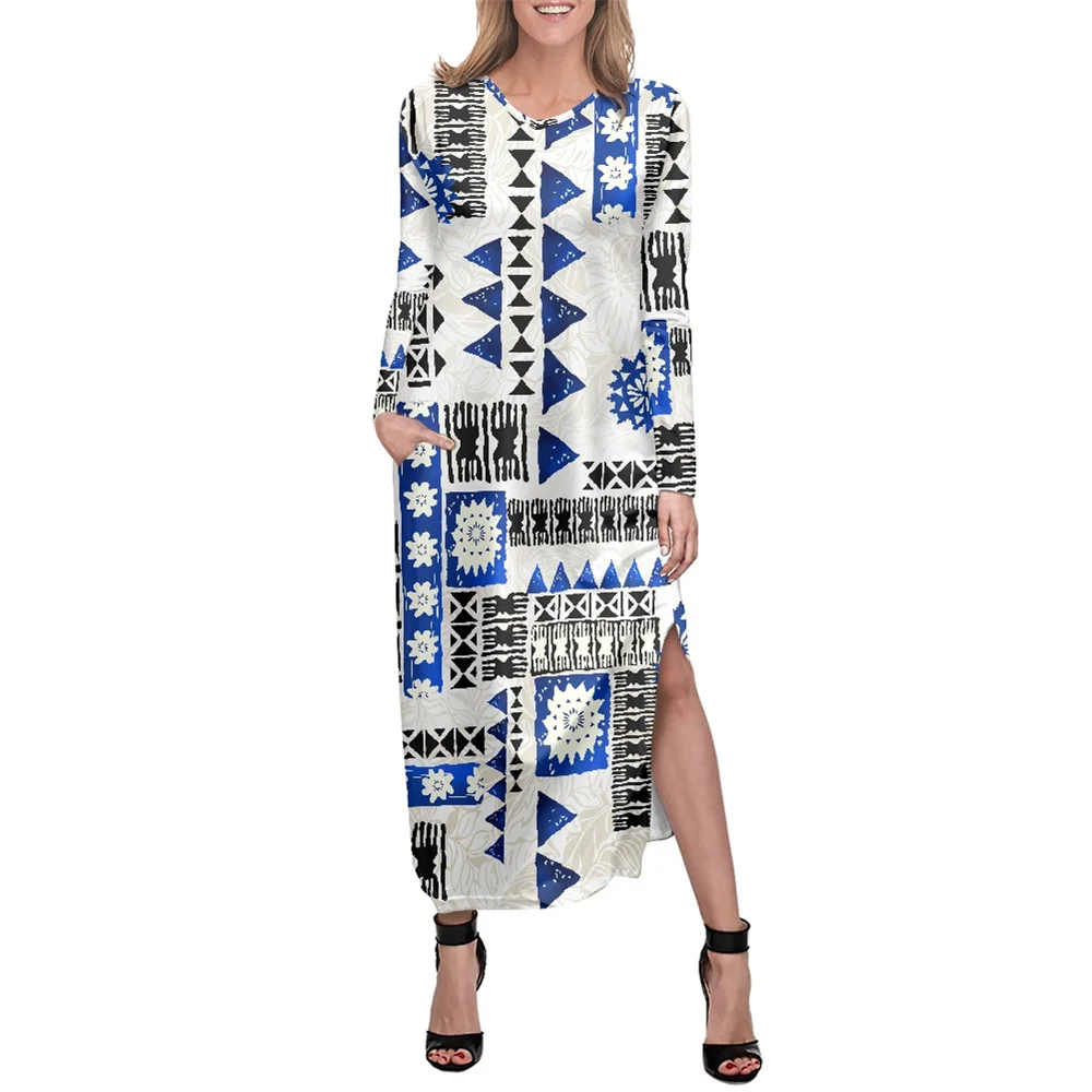 

Factory Outlet Side Slit Autumn Loose V-neck Dress With Pocket Dresses Polynesian Tribal Samoa Fiji Blue Tapa Print Casual Dress