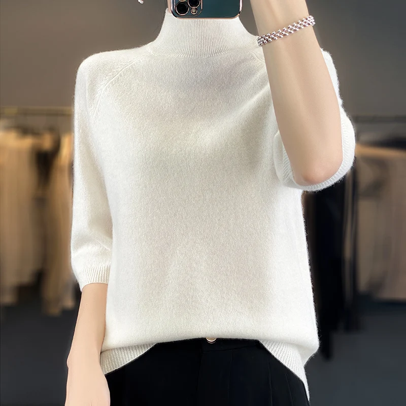 Лидер продаж Женский пуловер с полувысоким воротником свитер однотонный вязаный