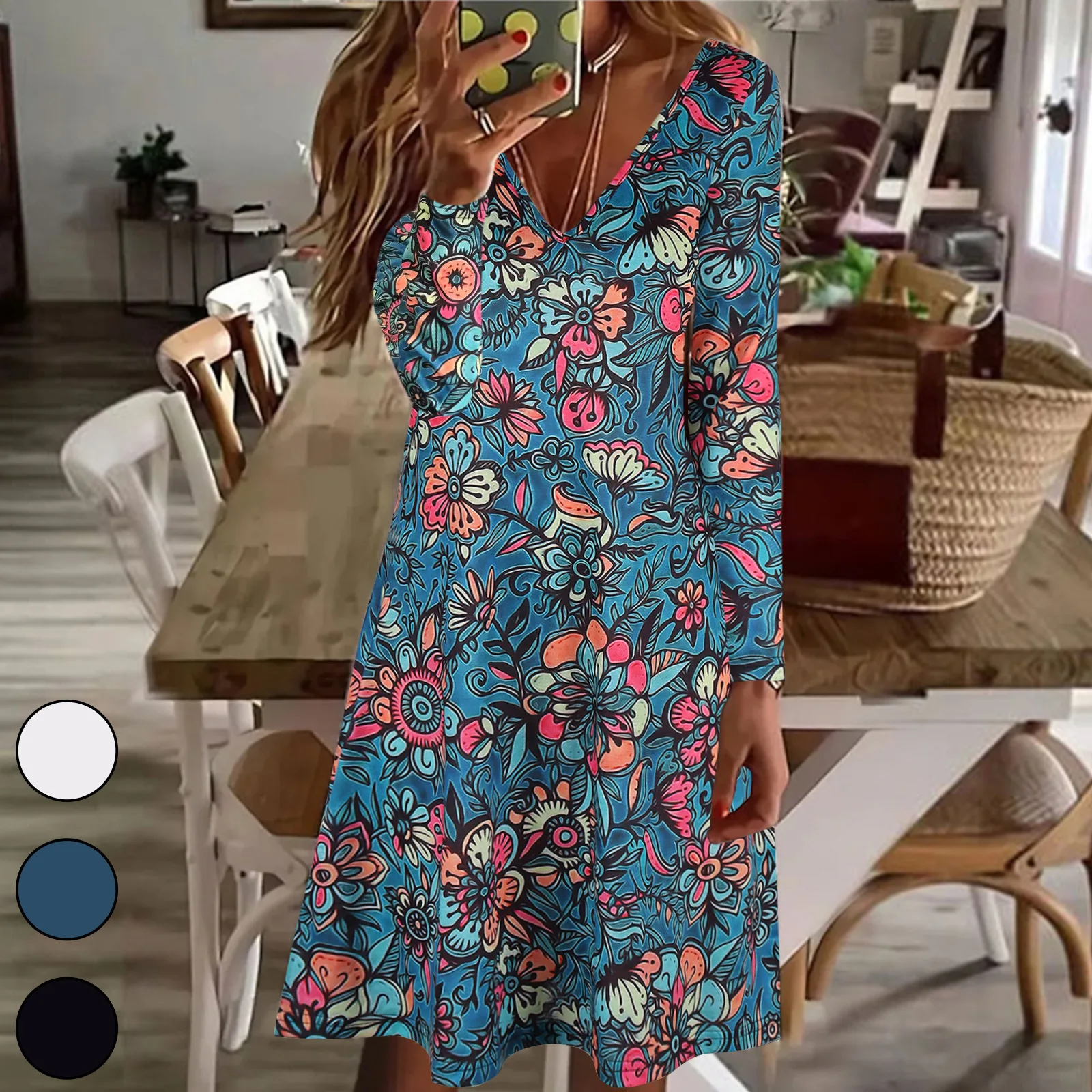 

Spring Autumn Dress Women Long Sleeve Sexy Flower Printed Mini Dresses Ladies Casual V-Neck Short Dresses