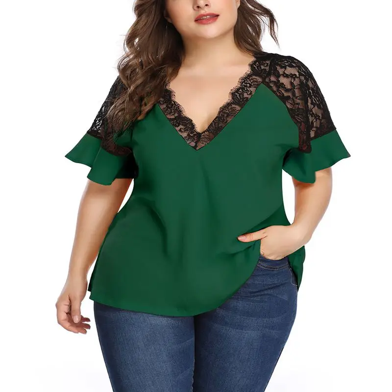 Фото Новая летняя модная футболка больших размеров 4XL, 5XL, 6XL, качественная женская футболка с коротким рукавом, сексуальная повседневная футболка с v-образным вырезом и кружевной строчкой №1