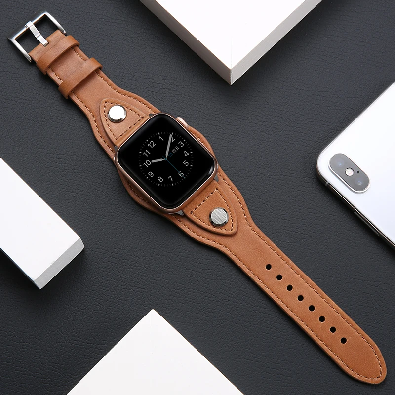 Cuff Bracelet For Apple watch band 44mm 40mm Leather watchband iWatch 42mm 38mm belt correas strap for series 6 se 5 4 3 7 45mm