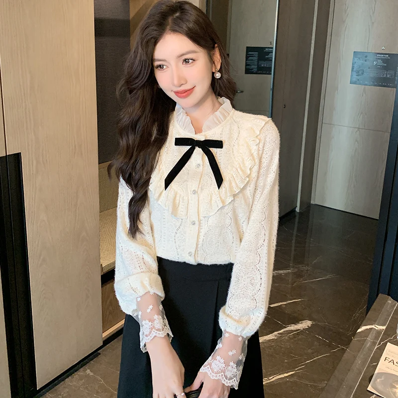 Новая женская рубашка с длинным рукавом и оборками кружевная бантом блузка