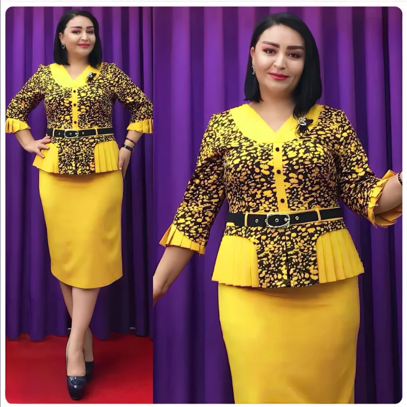 Snow Leopard Printed 2 Piece Sets Women V Neck Patchwork Pleated Top with Belt Solid Skirt Vintage African Event Big Size Suits