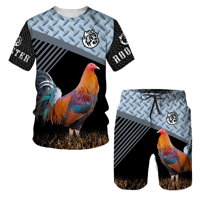 Funny Rooster Hunting Camo T-Shirt Shorts Suit Men's Cool Chicken Cock Animal 3D Printed Summer Fashion Tracksuit Two Piece Sets