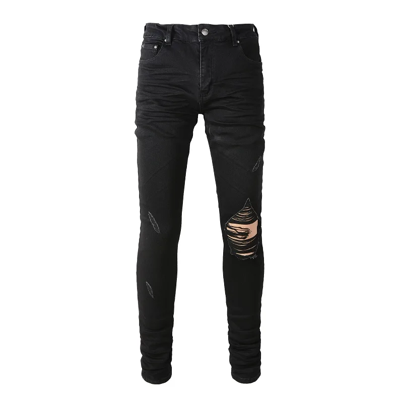 

New Arrivals Men's Black Distressed Regular Blank Streetwear Fashion Slim Fit Damaged Holes Super Skinny Stretch Ripped Jeans