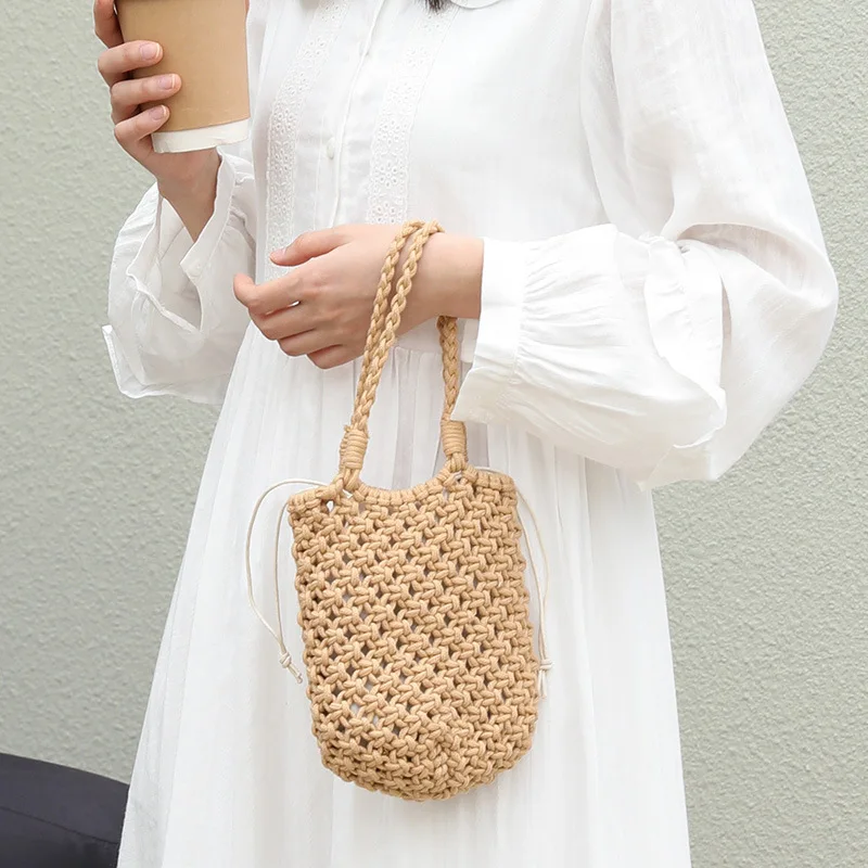 

Japanese Style Beach Bag New Cotton Thread Knitted Women Handbags Ladies Net Hollow Out Mini Bucket Bag Woven Handle Bag