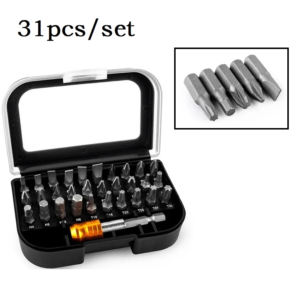 

31Pc Slotted Cross Screwdriver Bit Set Hex Shank Quick Release Hex Chuck Extension Adapter Chrome Vanadium Steel