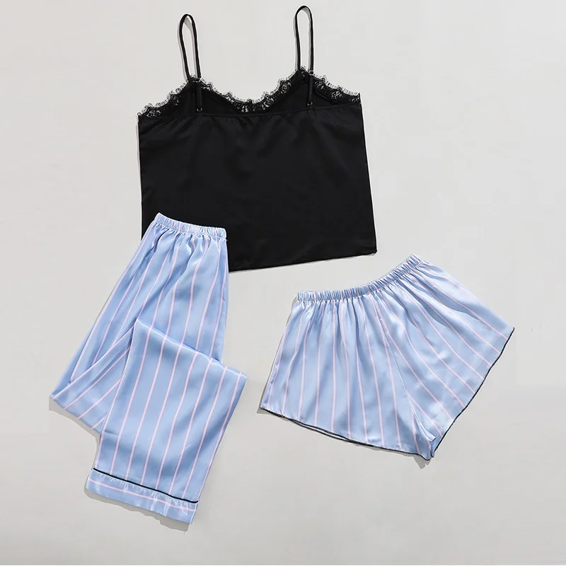 

Тонкая Всесезонная пижама из трех предметов, женские шорты на бретелях, домашняя одежда, костюм из искусственного шелка, пикантная Пижама