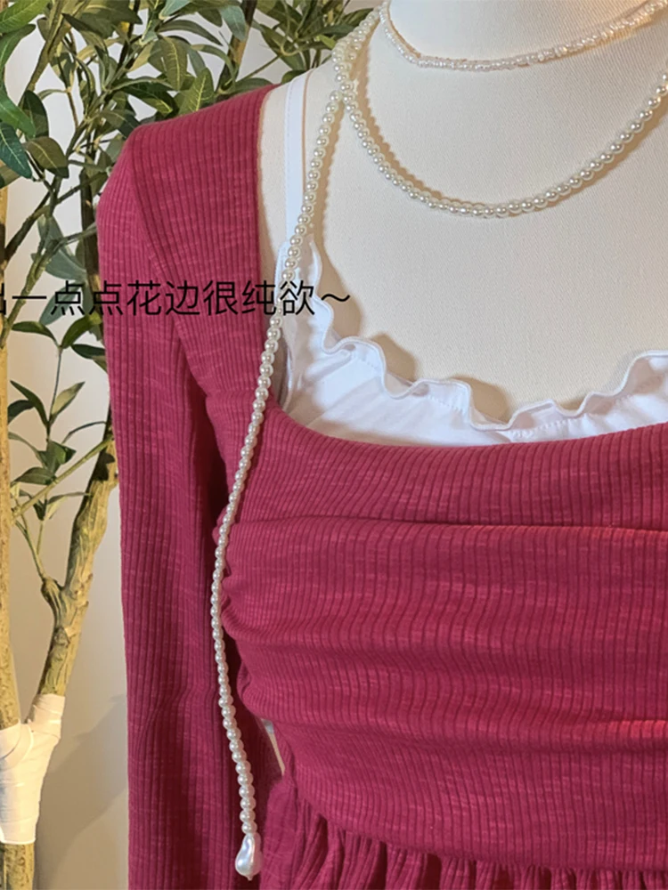 

2023 Spring Women Two Pieces Long Sleeve Square Collar Tops Korean Fashion Pleated Design Streetwear Mori Girl Elegant T Shirts