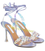 summer gradient flower pvc embellished violet womens high heels sandals desinger illusory color ribbons ankle strap shoes