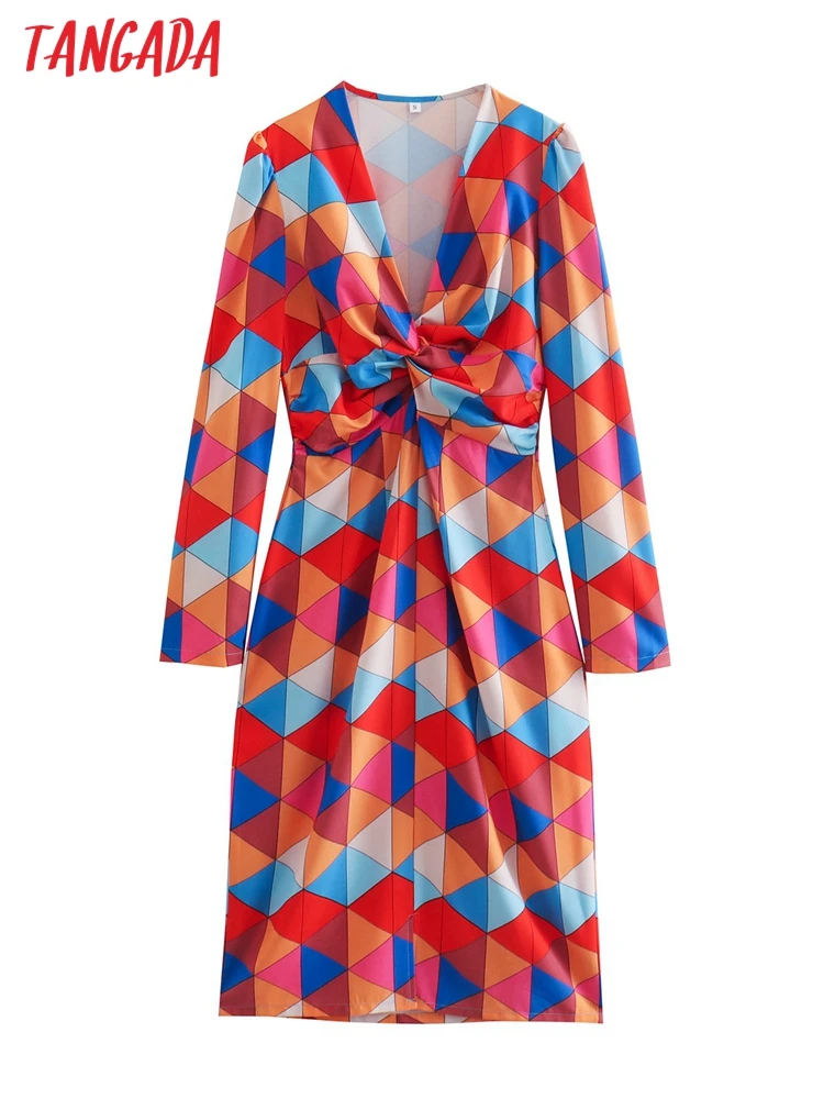 

Tangada 2022 women's Geometry dresses bow v neck Long Sleeve Ladies midi Dress Vestidos 1F15