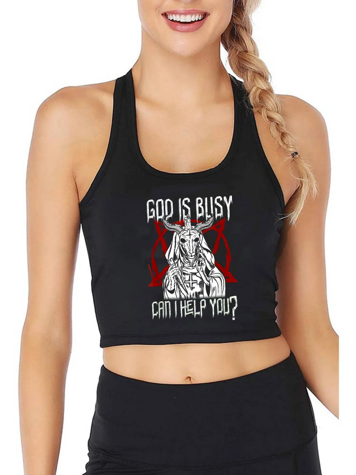 

God Is Busy Can I Help You Baphomet Goat Demonic Design Tank Tops Women's Personality Breathable Slim Fit Crop Top Gym Camisole