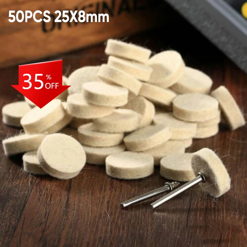 

50pcs Polish Wheel Pads 25mm Wool Felt Polishing Buffing Pad Round Wheel+2*Mandrel For Stainless Steel, Glass Equipment