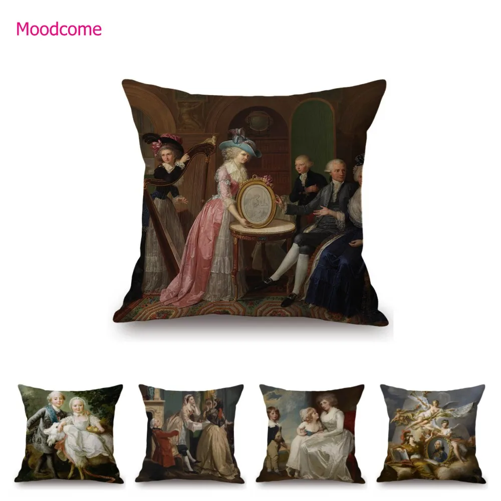 Royal Ancient European Elegant Madame Lady Princess Family Party Portrait Oil Painting Decorative Pillow Sofa Cushion Cover