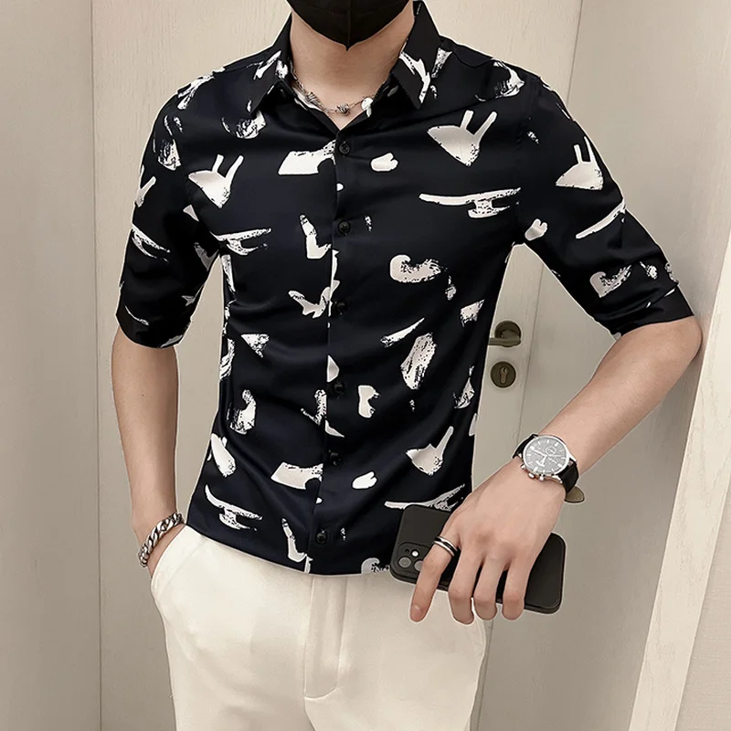 Fun Printed Shirts for Men 2022 Summer Half Sleeve Slim Casual Business Formal Dress Shirt Social Party Tuxedo Tops Men Clothing