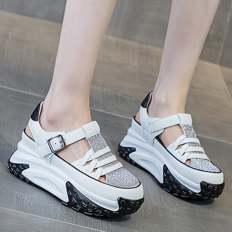 Rhinestones Deco Genuine Leather Comfy Hollow Sandals Breathable Shoe Chunky Sneakers Spring Summer Platform Wedge Women Shoes