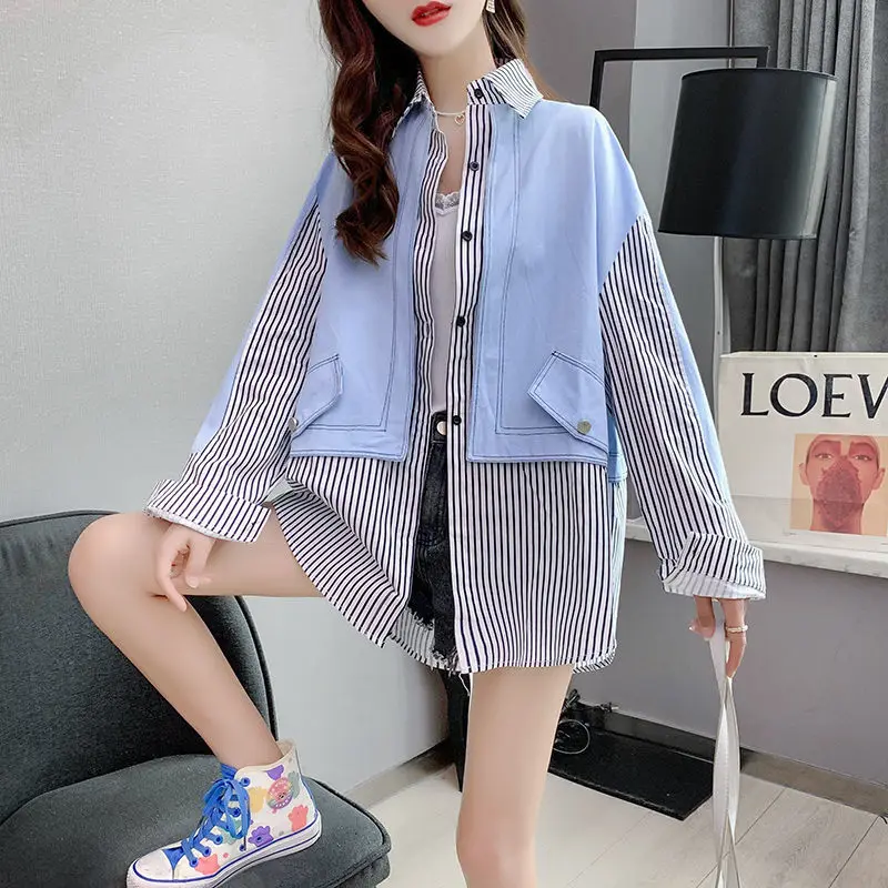 Полосатый пэчворк мода поддельные две части рубашка пальто весна осень с длинным