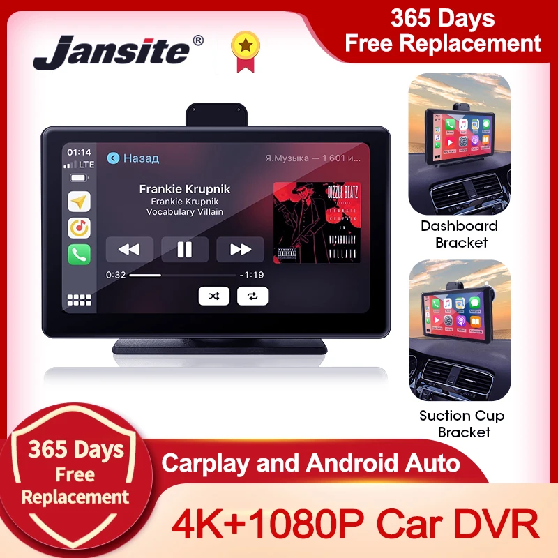 

Jansite 7" Car DVR Dashcam 4K Carplay Android Auto 2160P Front / 1080P Rear Camera Dashboard WIFI Driving Recorder Dual Lens GPS