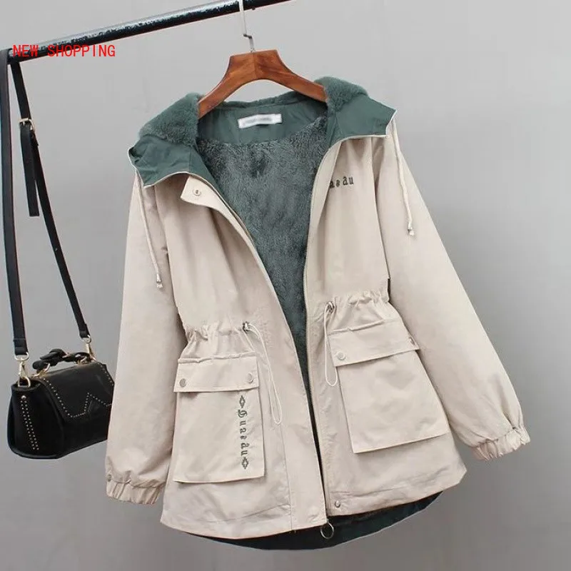 

Winter Thick Velet Women Trench Coat New Hooded Collar Zipper Loose Female Trench Plus Size Print Adjustable Waist Wind Coat 3XL