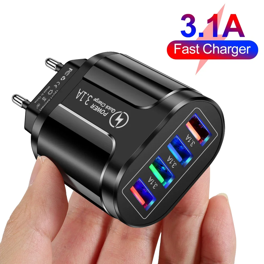 

3.1A 4 Ports USB Travel Charger Fast Charge QC 3.0 Wall Charging For iPhone 14 13 Samsung Xiaomi Mobile EU Plug Charging Adapter