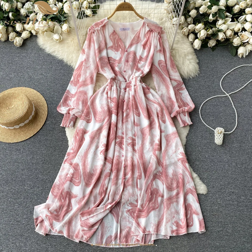 

2023 Spring Summer Long Sleeve Women Dress Fashion Romantic Print Chiffon Long Dress Chic Korean Elegant Party Vestidos SR625