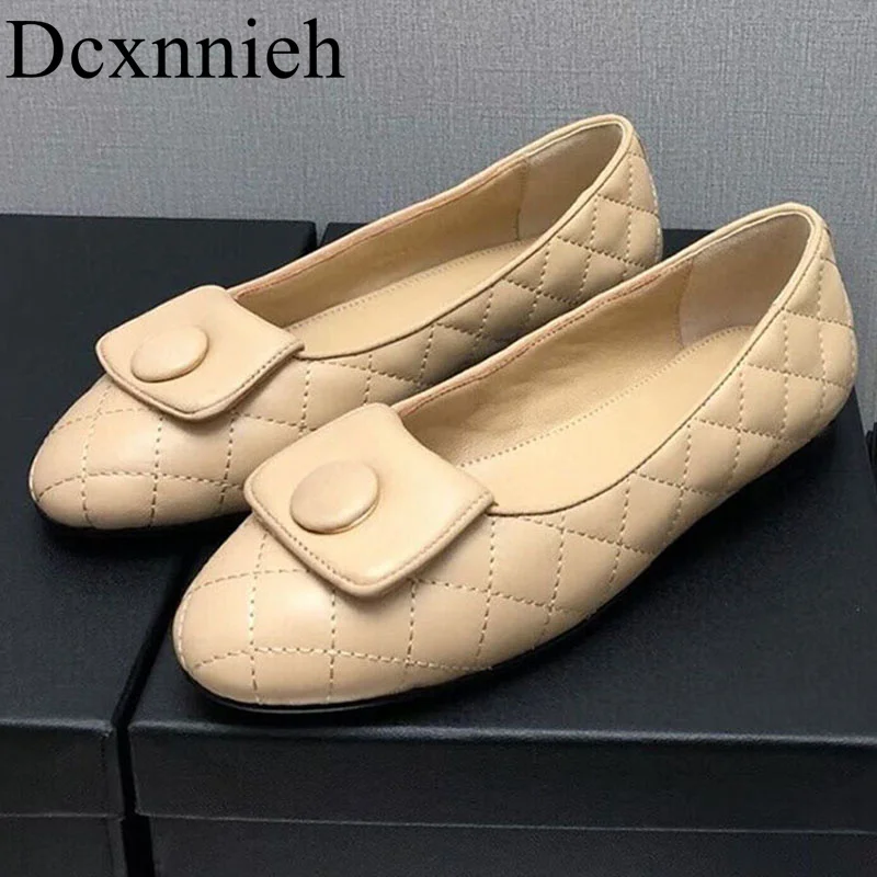 

Retro Comfort Flat Shoes Women Solid Genuine Leather Checkerboard Bead Design Loafers Shoes Spring Autumn Casual Walking Shoes