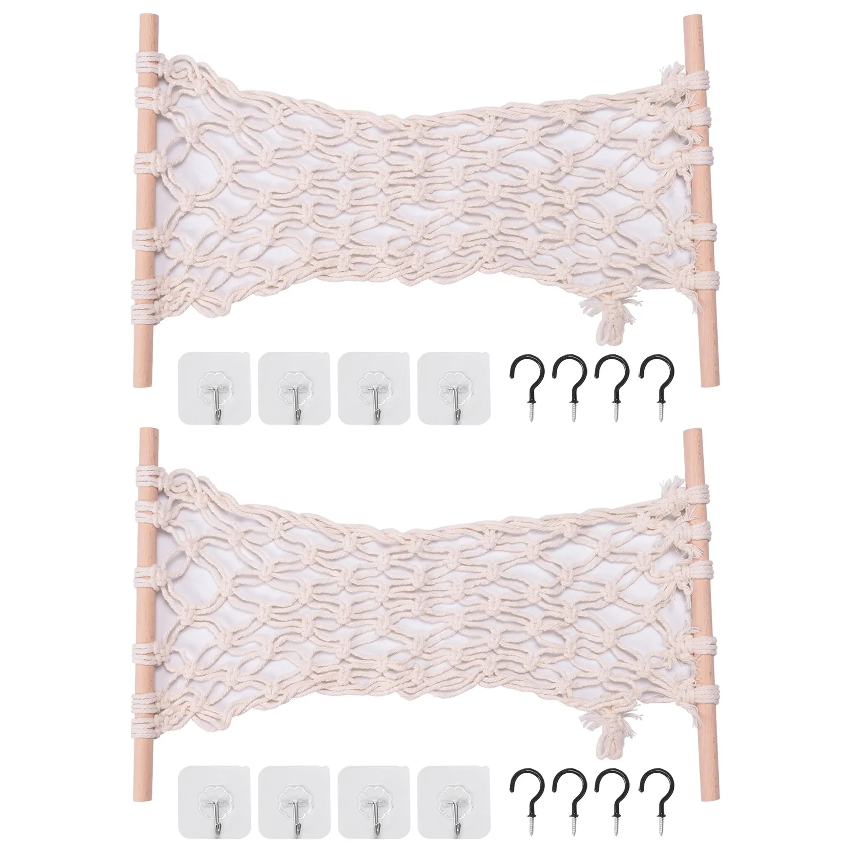 

2Pcs Hanging Fruit Hammock - Macrame Fruit Hammock with Wood Rod and Hooks - Fruit Hammock for Kitchen Under Cabinet