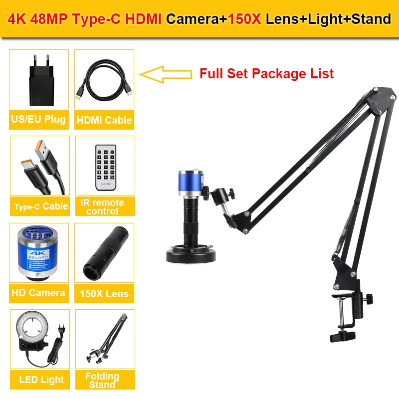 

1-150X зум-объектив, набор электронных цифровых микроскопов, 4K, 48 МП, Full HD камера, 1080P, 30 кадров в секунду, HDMI Type-C, пайка, ремонт печатных плат телефона