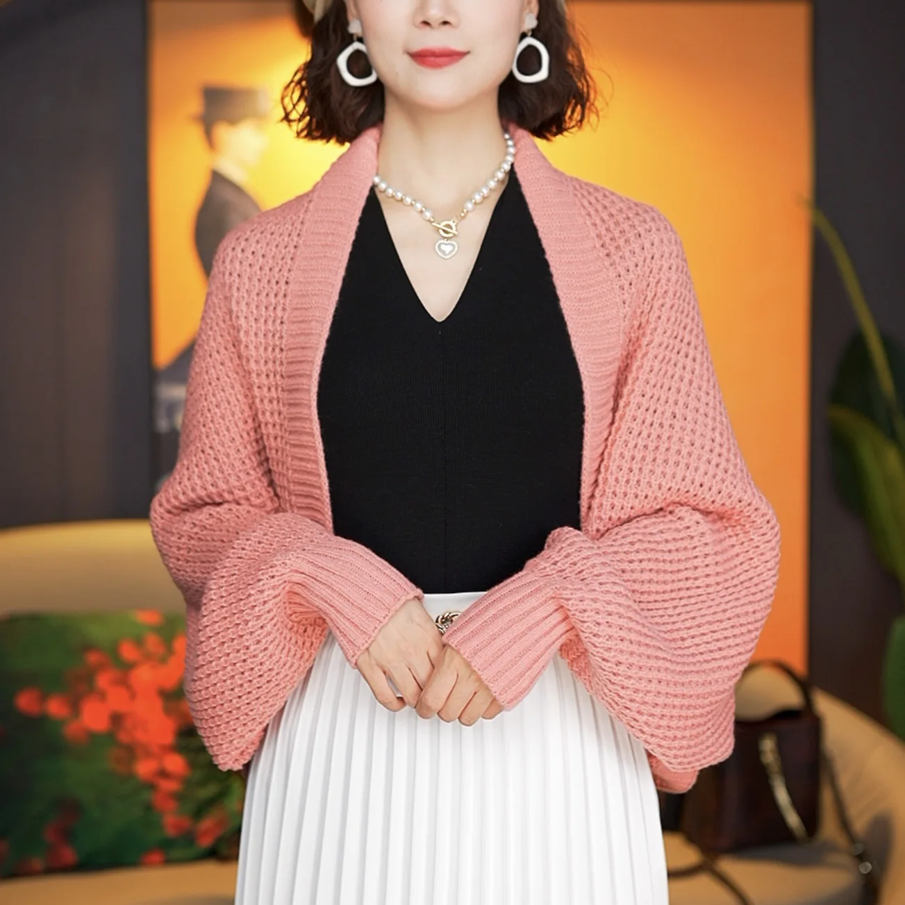 Женский укороченный свитер с длинным рукавом кардиган открытой передней частью