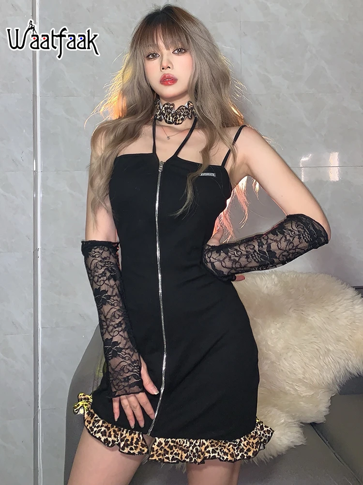 

Платье-комбинация Waatfaak на молнии, черное прямое облегающее вечернее платье с леопардовым принтом, с открытыми плечами, Женский клубный сара...