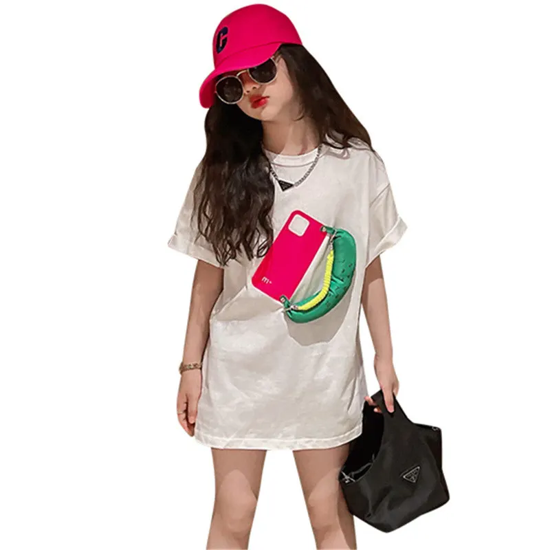 

Fashion Teens Kids Tshirt for Girls Loose Design Tees Clothes Children's Summer Cotton White Black Clothing Tops 5 To 14 Years