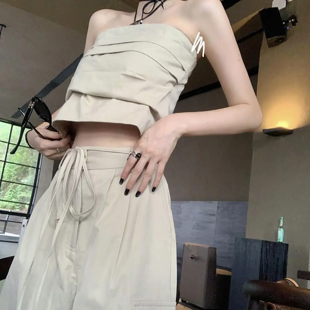 

Hsa Women Summer Suit Summer Fall Strapless Tops Long Skirt Fashion Straight Pants Long Two-piece Suit Khaki Chic Tops