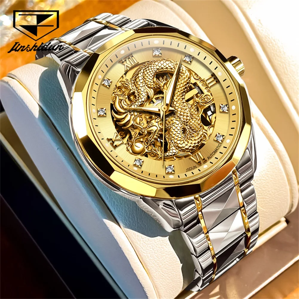 Фото Мужские наручные часы JINSHIDUN 8840 Dragon Watch, роскошные, с ажурным циферблатом, бриллиантовой инкрустацией, HD-подсветкой, водонепроницаемые, автоматические, механические. №5