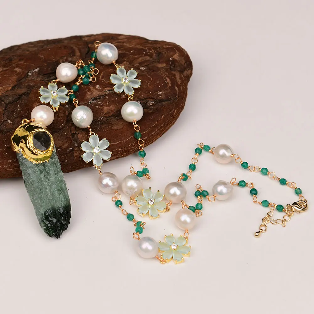 GG Натуральный Белый Кеши Жемчужно-Зеленый Агат Кристалл Цветок Ожерелье Фурит