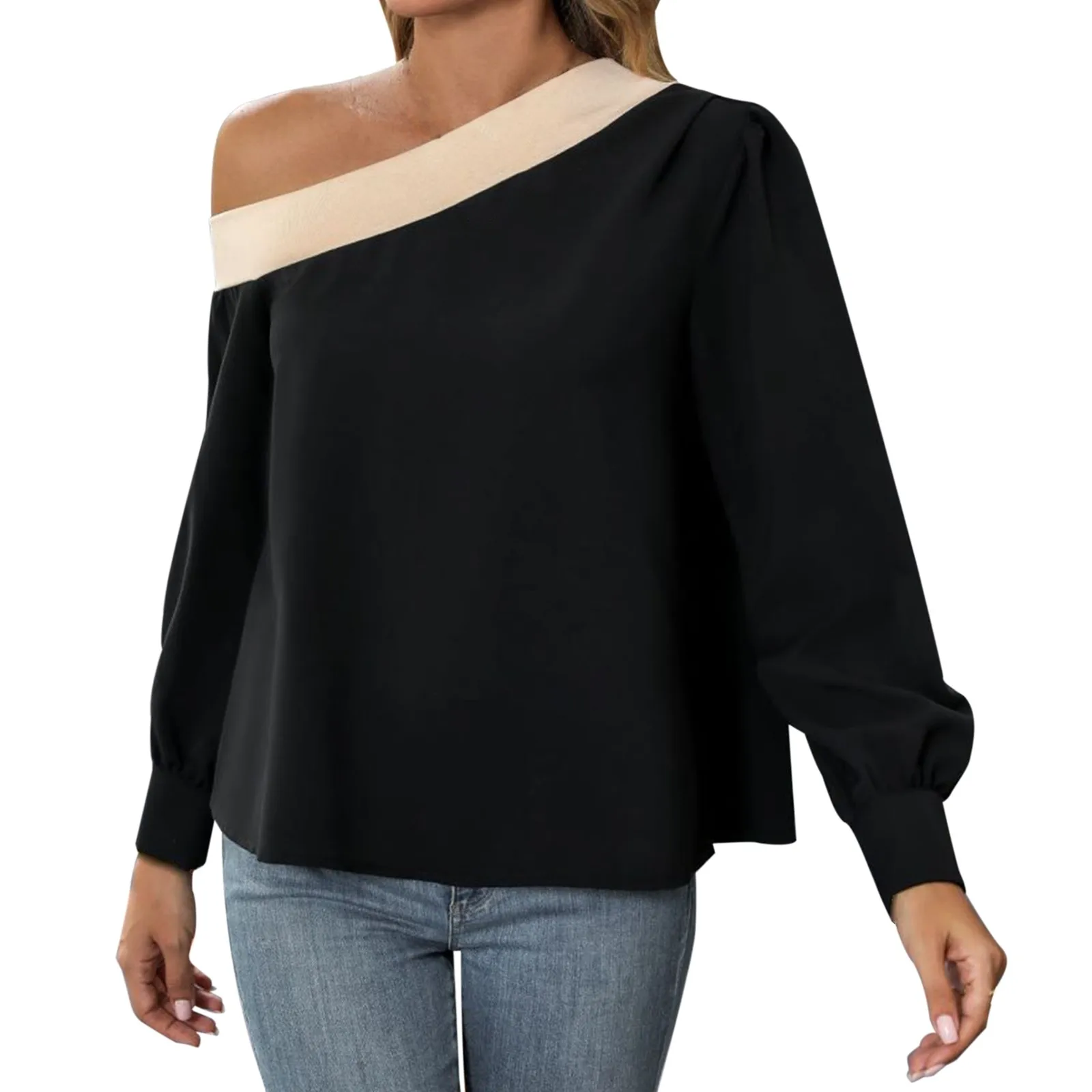 

Ladies' Slim Fit Color Blocked Casual Asymmetrical Collar Sweatshirt