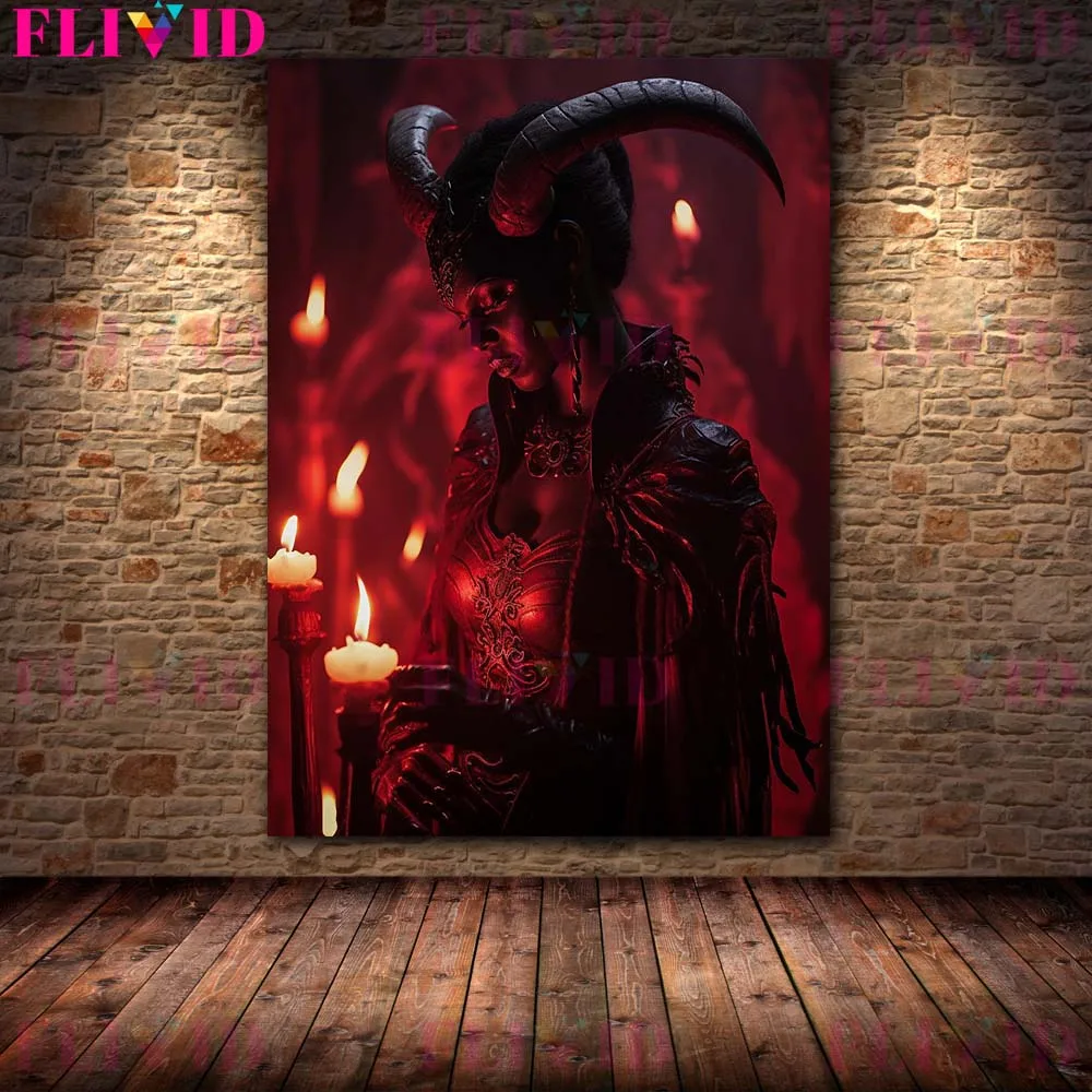 Демонический суккубус с рогами на голове винтажное настенное Искусство Холст