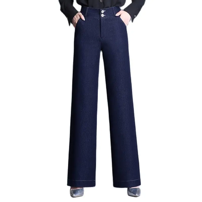 

2022 New Women's Black Blue Wide Leg Jeans Flat High Waist Straight Autumn Winter Stretch Denim Pants Thick M To 6XL
