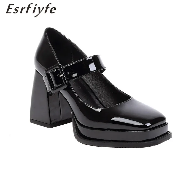 

ESRFIYFE New Summer Autumn Women Pumps Patent Leather High Heels Platform Square Toe Shoes Woman Party Shoes Large Size 3-15