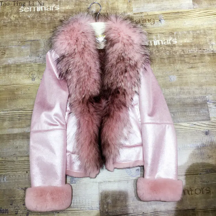2023 Women New Pearl Bright Face Genuine Raccoon Collar Rabbit Fur Coat Real Fur with Leather One Piece Motorcycle Coat H7