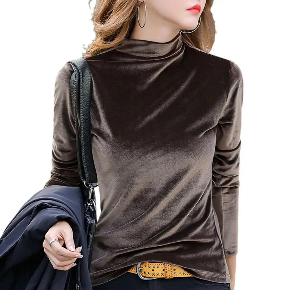 

Fashion Women T-Shirts Half High Collar Long Sleeves Basic Top Women Autumn Winter Velvet Pure Color Bottoming Shirt