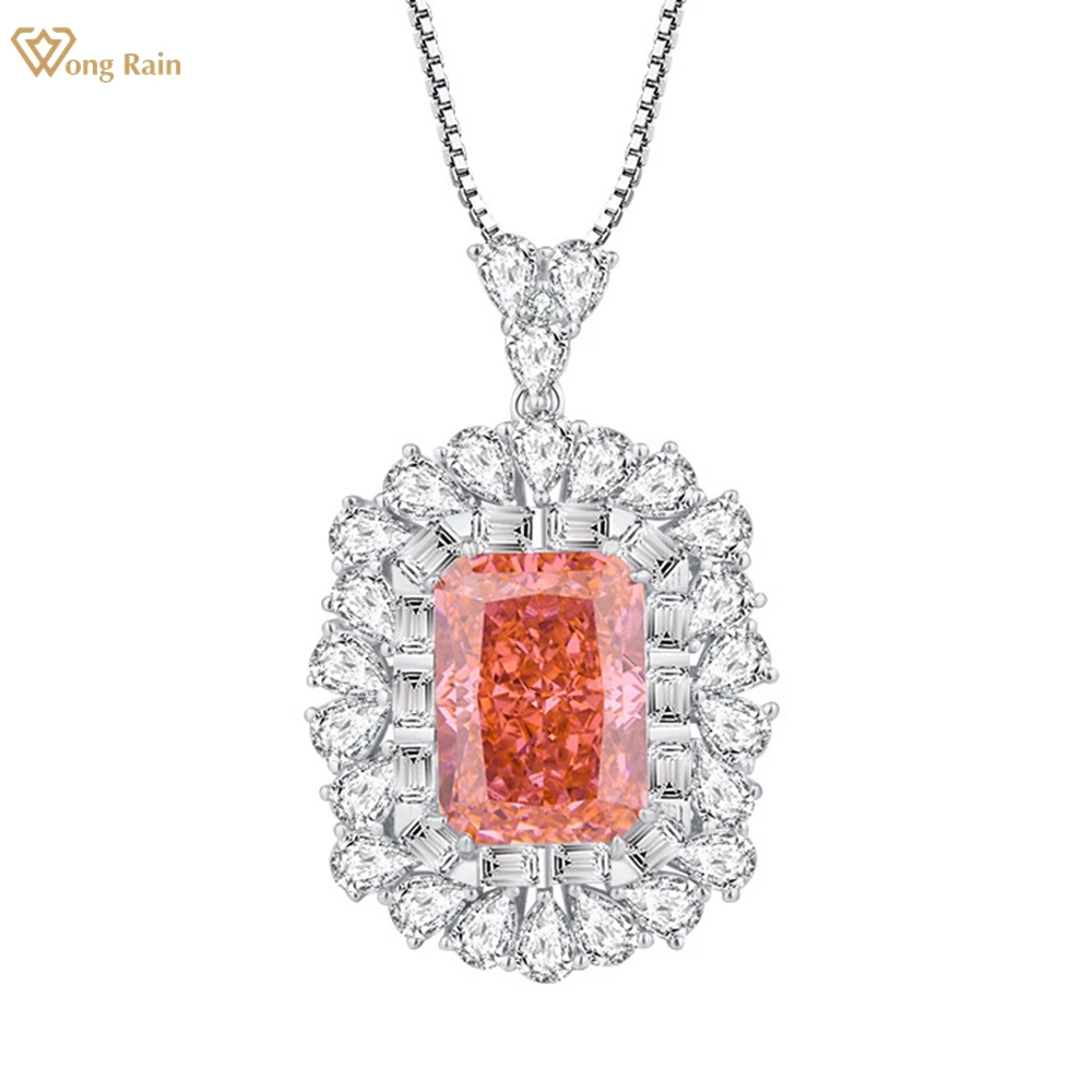 Wong Rain 925 Sterling Silver Crushed Ice Cut 14*10MM Created Padparadscha Gemstone Necklace Pendant Wedding Engagement Jewelry